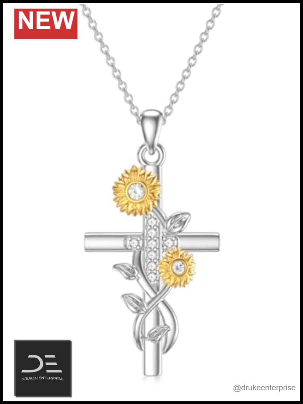 18K Gold Plated Moissanite Sunflower Cross Pendant Necklace